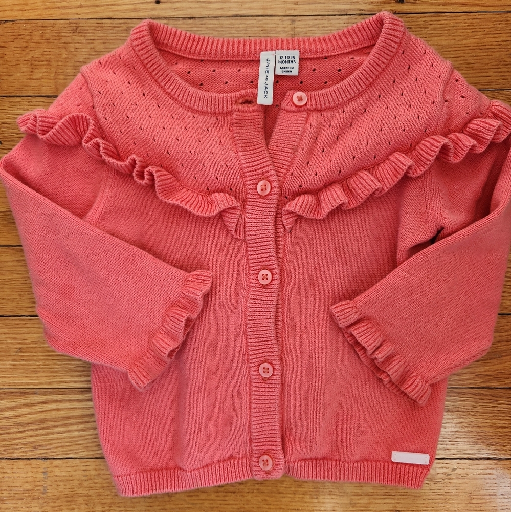 Janie and Jack Coral Cotton Cardigan with Ruffle Details 12-18 Months Baby Girl